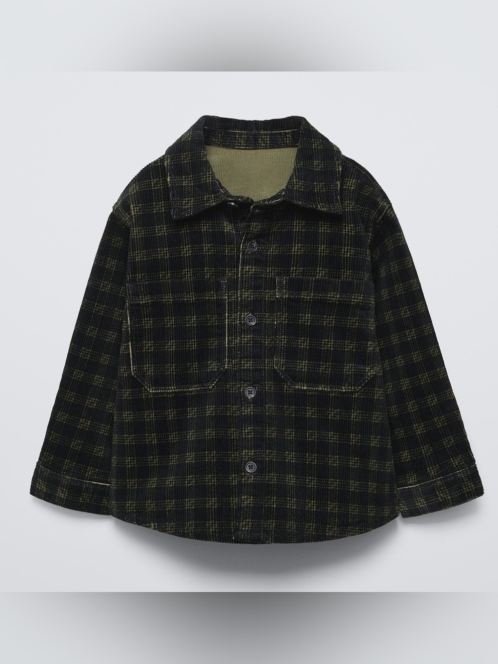 Zara Kids Black & Olive Plaid Button-Down Corduroy Shirt Jacket -Sz 4